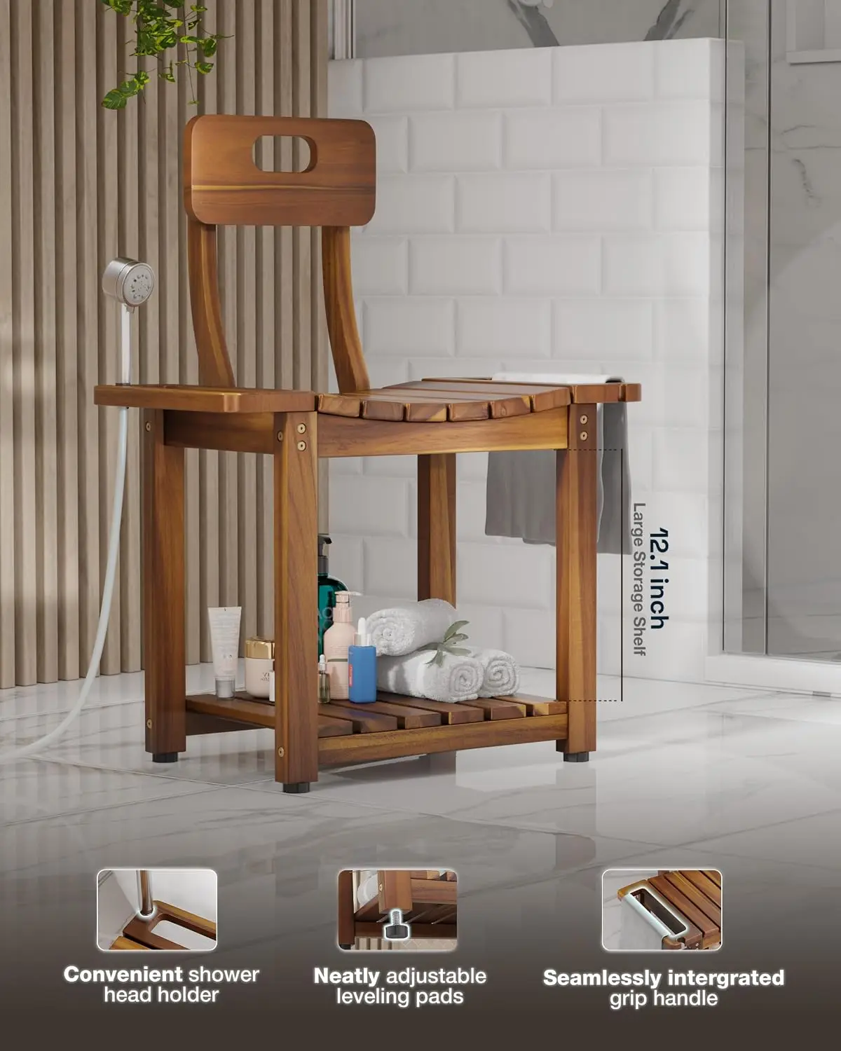 23.4 Inch Shower Chair with Backrest, 450 lb Capacity, Acacia Wood | Heavy-Duty Bath Chair for Inside Shower or Tub with Non-Slip Feet, Storage Shelf and Built-In Handles for Seniors or Adults.