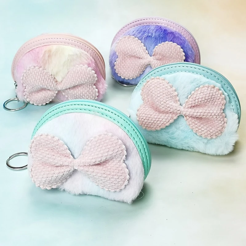 Adorable Mini Floral-Embroidered Bow Tie-Dye Ombre Plush Half-Moon Coin Purse Organizer