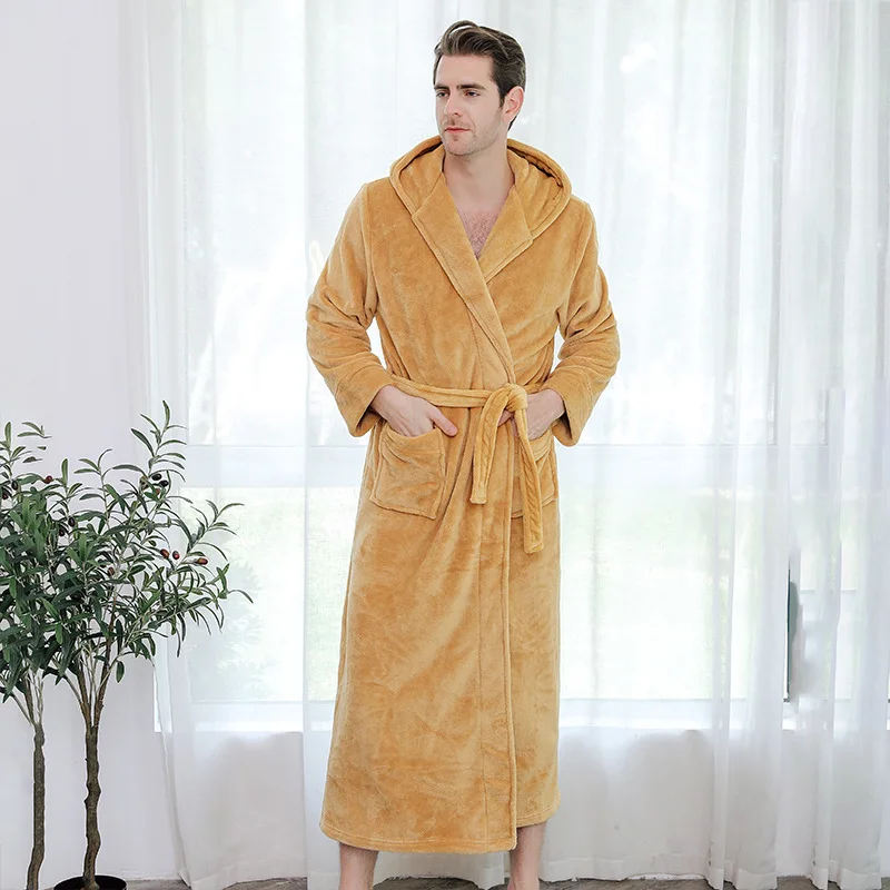 Men Sleepwear Thicken Flannel Bathrobe Gown Loose Robe Winter Warm Kimono Bath Gown Long Peignoirs Shower Robes Home Clothes