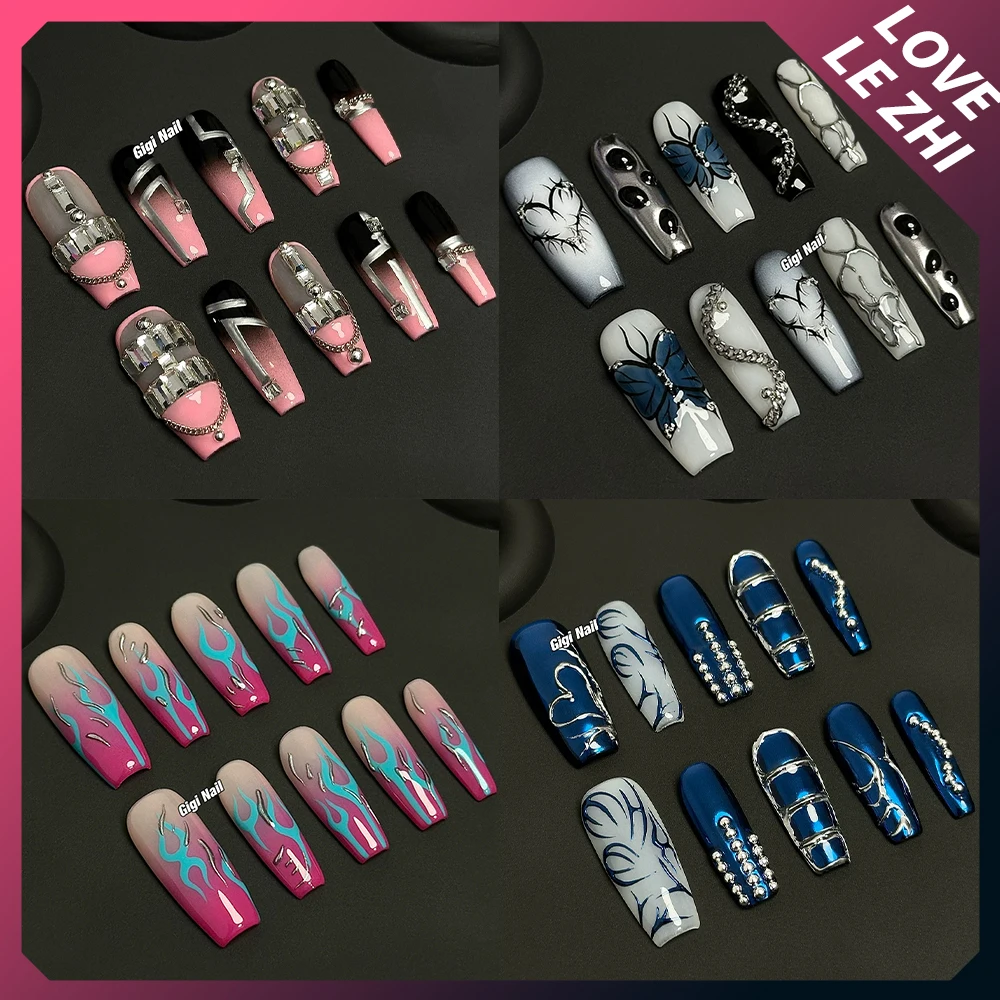 الحلو كول الشرير اليدوية نعش طويل انفصال اضغط على الأظافر مرآة سحرية مسحوق فراشة سلسلة لهب الفرنسية غطاء كامل الأظافر #1
