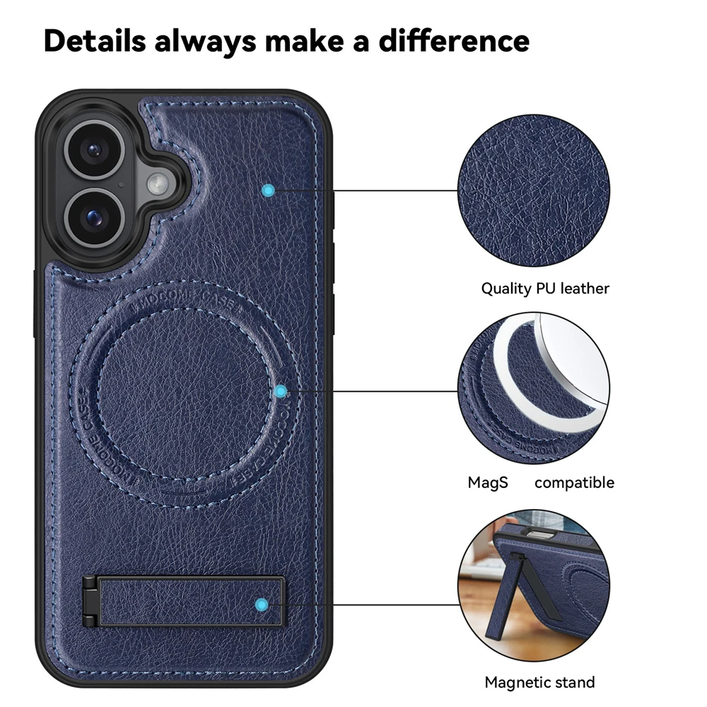 KEYSION Luxuxy PU Leather Magnetic Case for MagSafe for iPhone 16 Plus 15 Kickstand Shockproof Phone Cover for iPhone 15 16 Plus