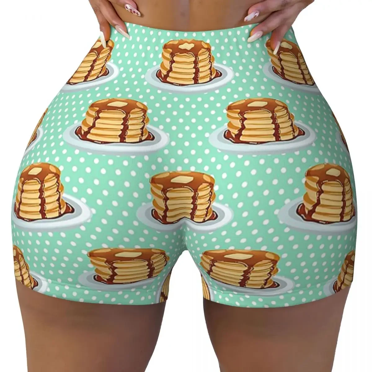 Custom Pancakes With Maple Syrup Pattern Women Gym Workout Running Shorts Athletic Volleyball Biker Yoga Shorts