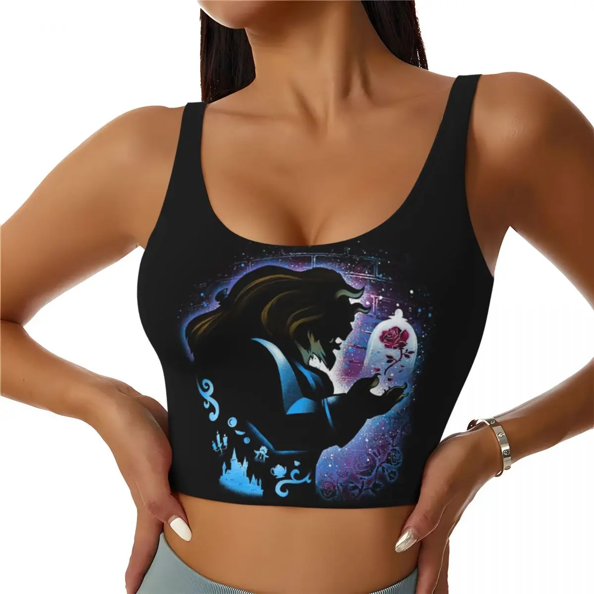 Custom Beauty And The Beast Cartoon Sports Bra Women High Impact Workout Yoga Crop Top