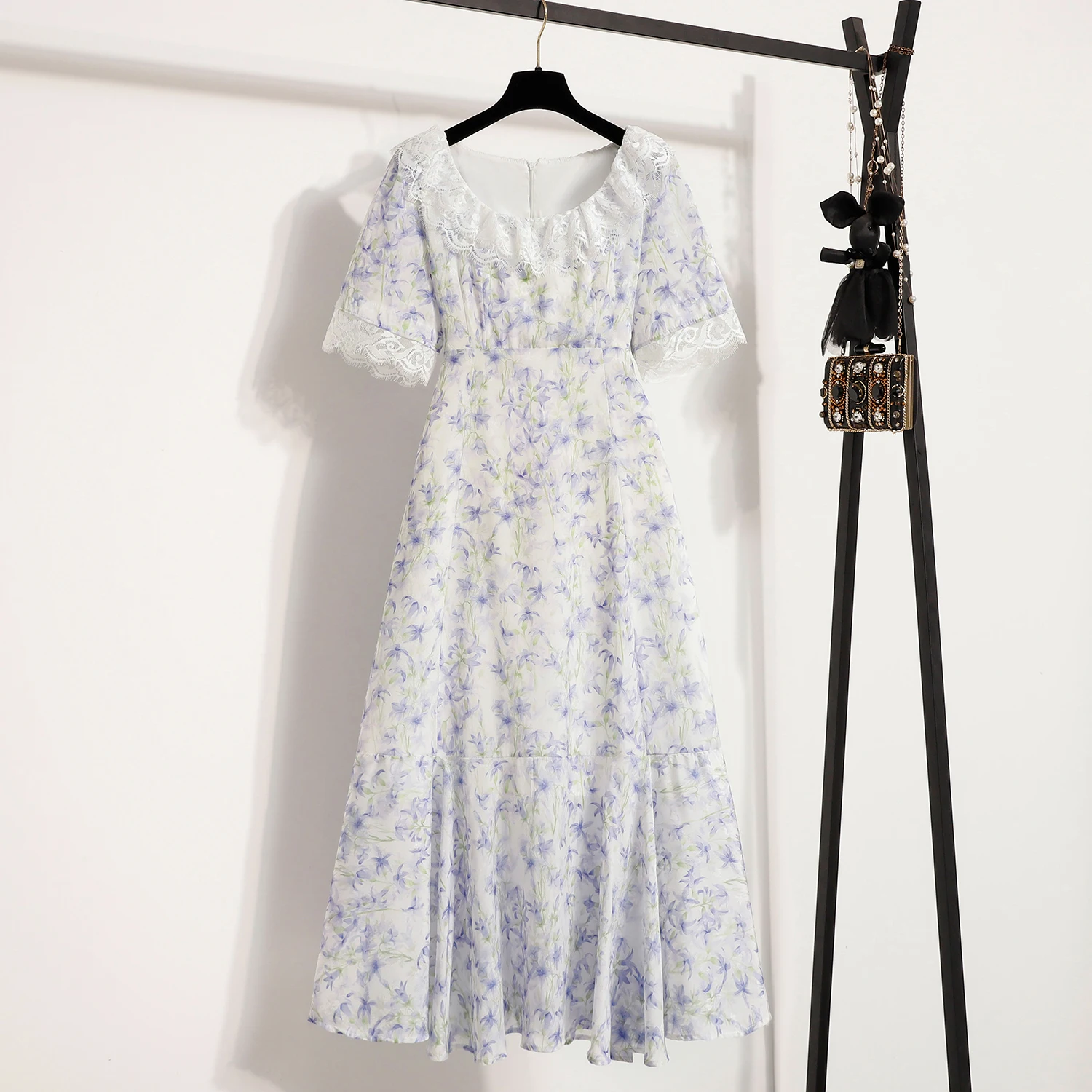 Letnia Elegancka Sukienka Damska Szyfonowa w Kwiaty Temperament Dekolt O-Neck Krótkie Rękawy Wysoki Stan Wyszczuplająca Długa Sukienka Codzienna Słodka Sukienka