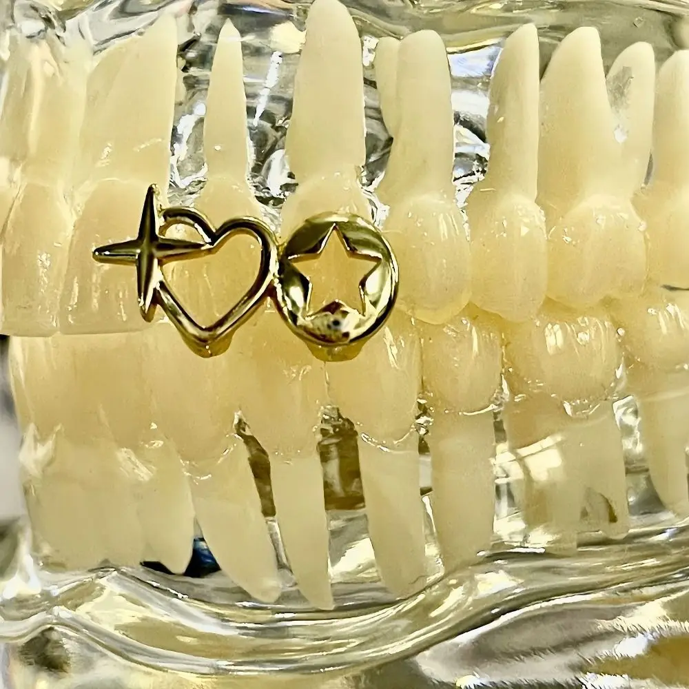 18K Gold-Plated Teeth Grillz Hollow Out Heart Open Face Design Tooth Jewelry Reusable Removable Cross Heart Mouth Grills Hip Hop