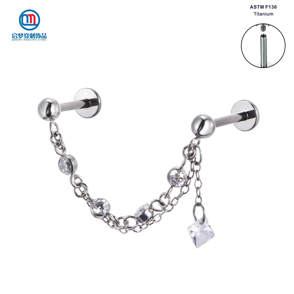 QM ASTM F136 Titanium Internal Thread Double Bar and Double Chain Labret Ring Ear Helix Tragus Piercing Body Jewelry