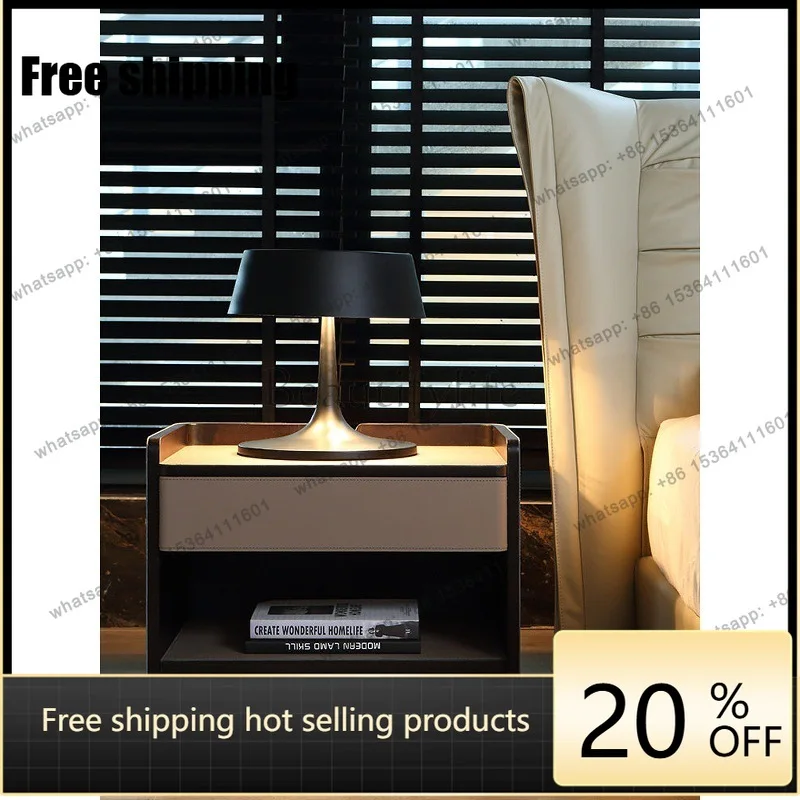 hot  Italian minimalist bedside table, saddle leather, bedroom storage, high-end wabi sandy styleFactory Direct