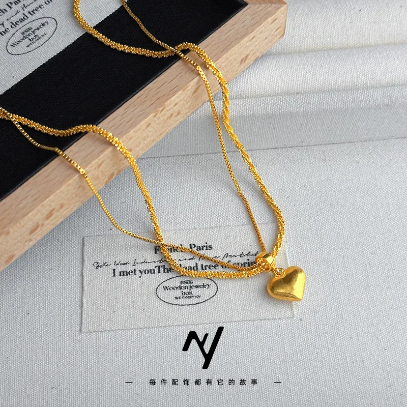 

Luxury 24K 9999 Pure Gold real gold Love Elegant Collarbone Necklace Women's Double Wire Brushed Peach Heart Necklace