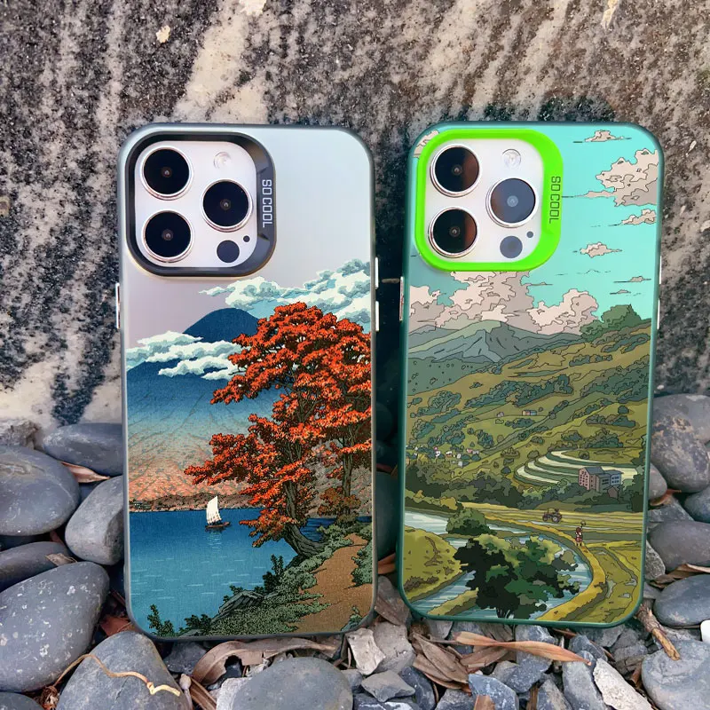 Landscape phone case For iPhone 12 15 14 Plus 15 16 11 13 Pro Max Mini Japan Series Aestheticism Scenery Shockproof Laser Covers