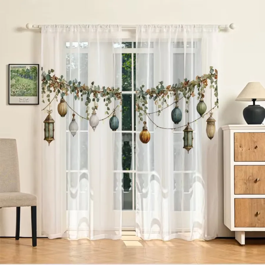 2PCS Digital Print Sheer Curtains, Lovely Vine Hanging Lamp, Bohemian Botanical Garden Style for Bedroom Living Room Home Decor