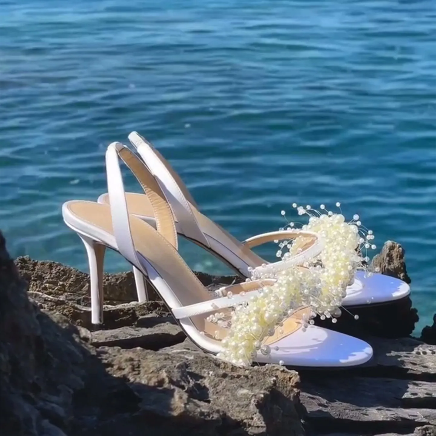 2026 Summer New Elegant Pearl One Strap Open Toe Round Toe High Heel Sandals Women Sexy Versatile Thin Heels