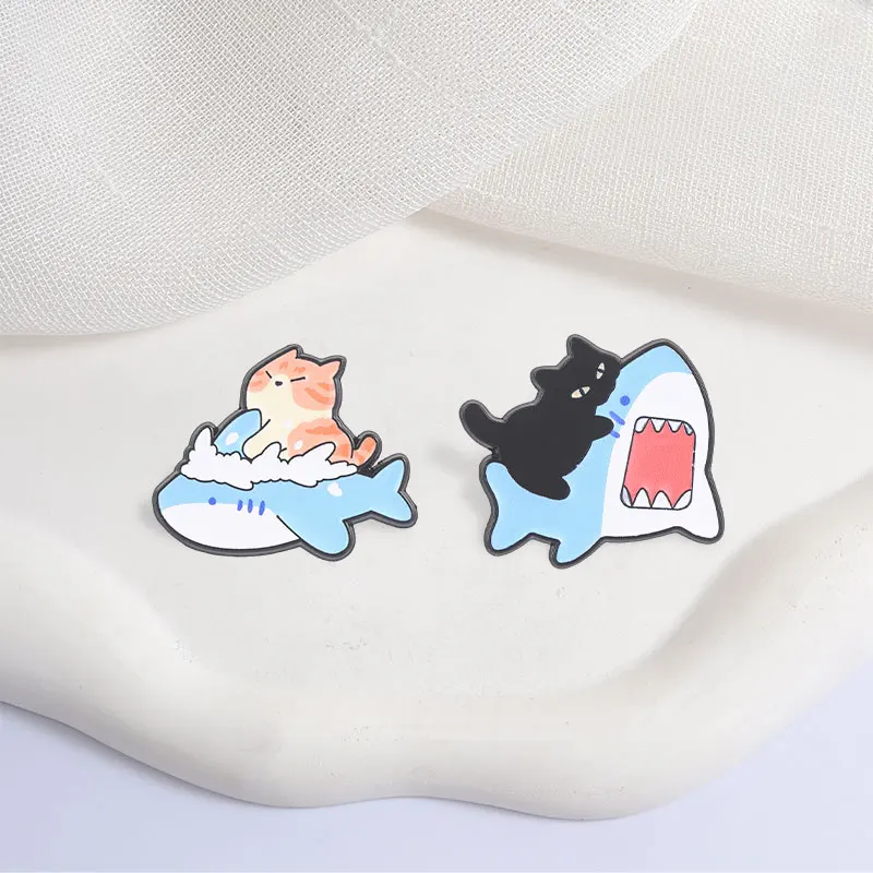 Kawaii Pet Theme Enamel Pins Cute Cartoon Shark And Cat Brooches Fashion Lapel Badge Backpack Clothes Jewelry Gift for Friends