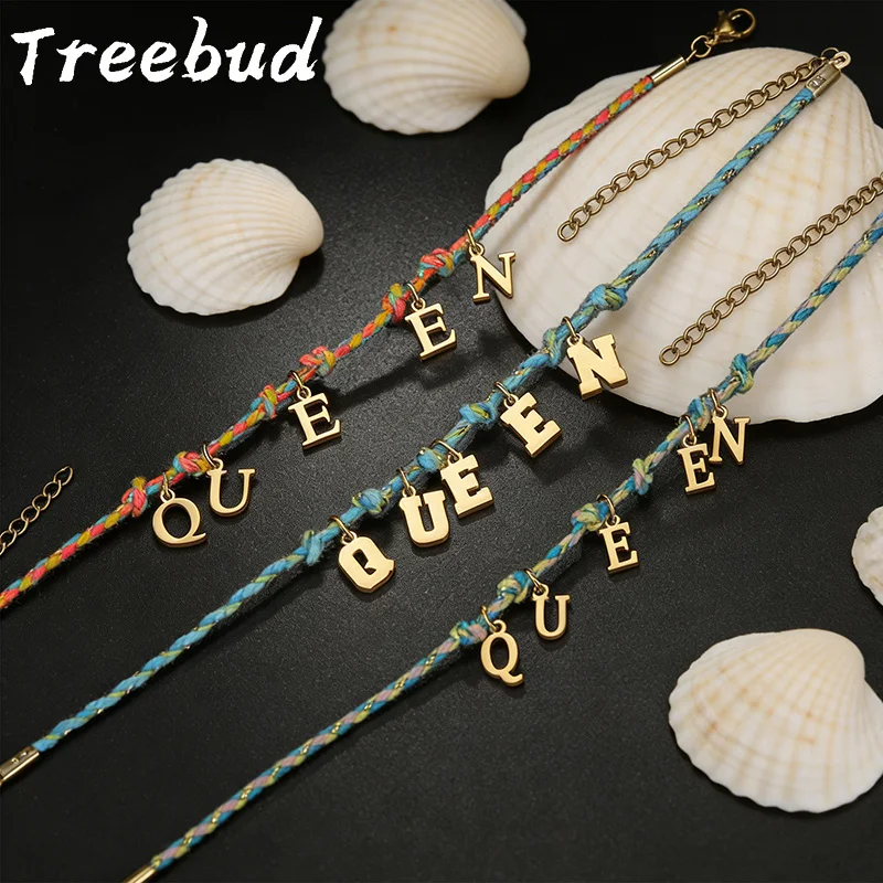 

Браслет на ногу Treebud с индивидуальной гравировкой, цветной плетеной веревкой, позолоченной цепочкой и буквами из нержавеющей стали, персонализированные ювелирные украшения, подарки для женщин