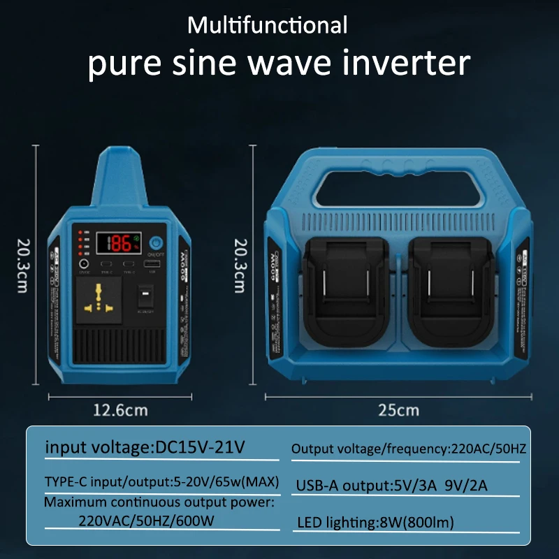 600W Lithium Battery Inverter USB Power Bank Adapter for Makita/Dewalt/Milwaukee/bosch/Einhell/WORX18V 20V For Outdoor Work