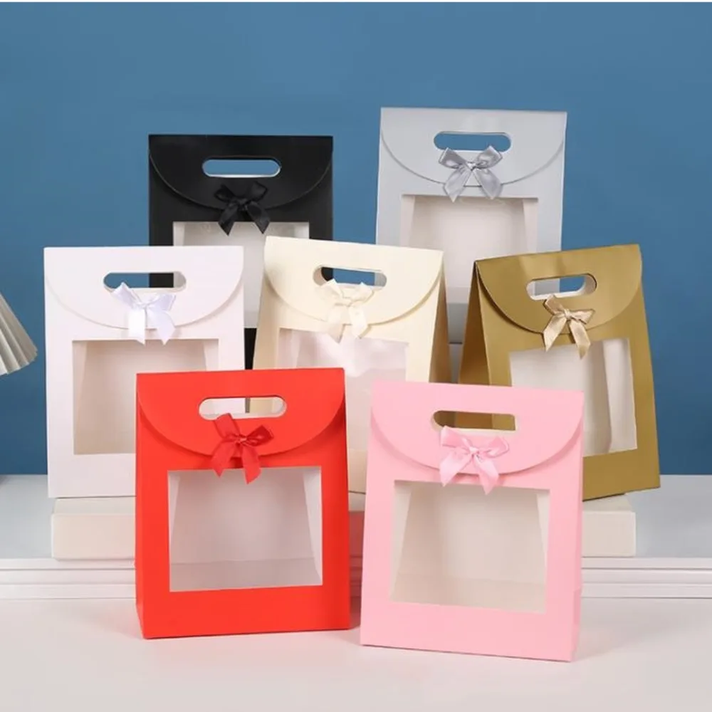 Colourful Gift Paper Bag With Ribbon Handle Gift Box Packaging Wrapping Wedding Party Favor Supplies Bolsa De Papel De Regalo