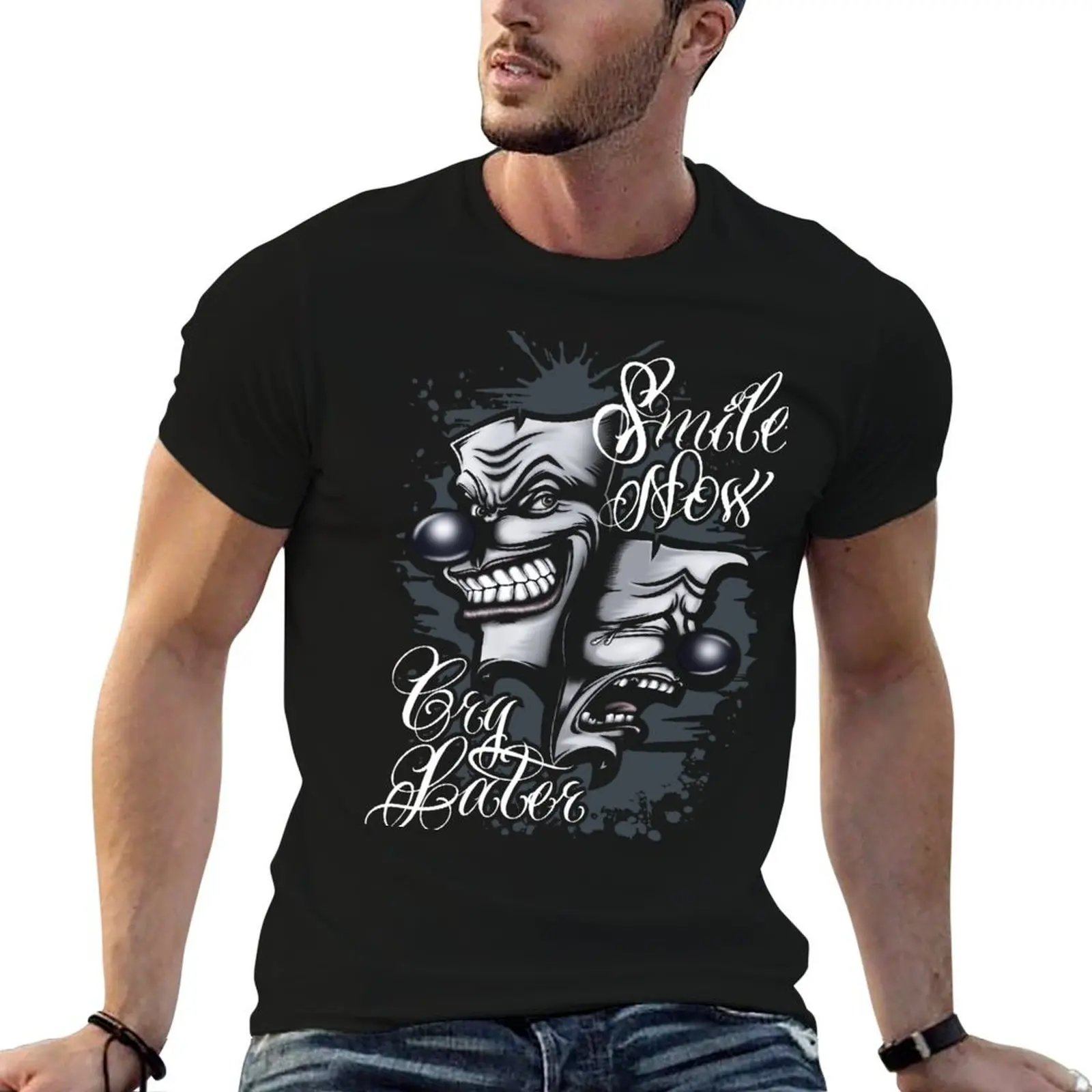 smile now cry later drama masks with lettering T-Shirt Fashion Letter Print T-Shirt