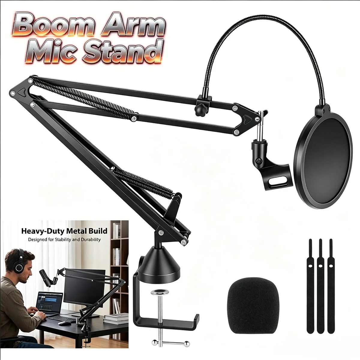 Mikrofonarmständer für Blue Yeti, HyperX Quadcast, Nano, Snowball, Elgato Wave, Fifine K688 und andere Mikrofone, verstellbarer Mikrofonarmständer mit 3/8" bis 5/8" 1/4" Schraube, Pop-Filter,