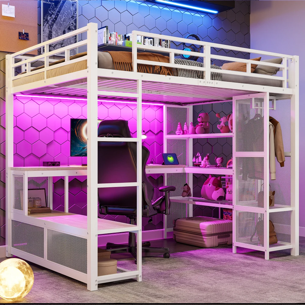 140 x 200 cm großes Hochbett aus Metall mit Stauraum und offenem Kleiderschrank, Kinderzimmerbett mit USB-Anschluss und LED-Beleuchtung, Schwarz/Weiß – Detail 18