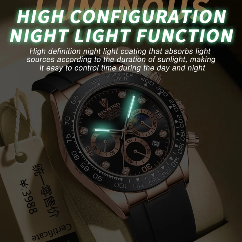 BINBONG Quartz Watch for Men Silicone Strap Moon Phase Date Chronograph Dial Waterproof Sports Fashion Business Men\'s Wristwatch