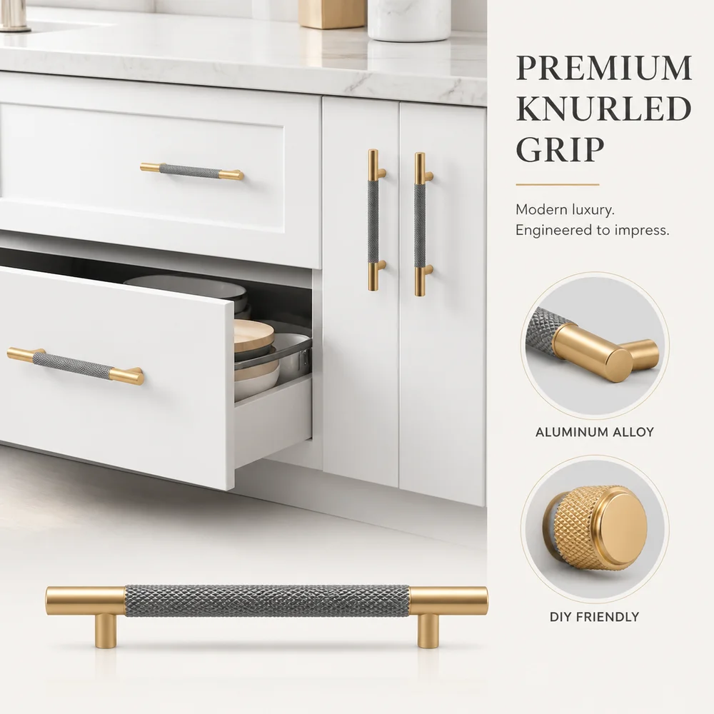 Modern Gold Color Furniture Handle Long Pull Knurled Door Pull DIY Friendly Aluminum Alloy Cabinet Handles Wardrobe Doors