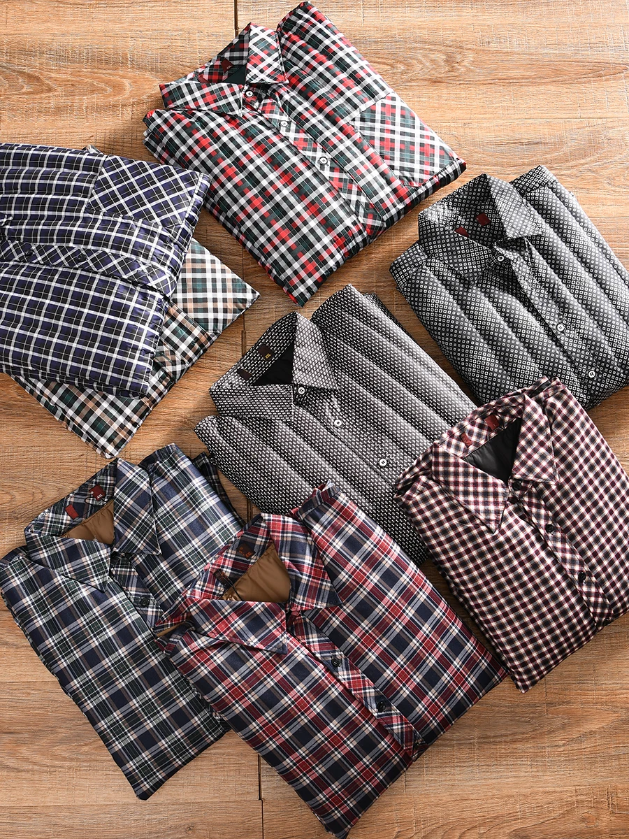 

Thickened White Duck down Shirt for Men Winter Business Casual Checkered Padded Inner Wear Fashionable Urban Style Polyester