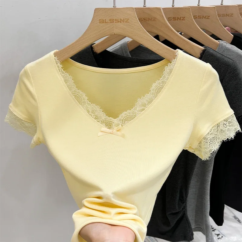 

Zjaiss 2025 Korean Short Slim Crop Top Butterfly Knot Lace Trim Women Summer T-Shirt Female Short Sleeve V-neck Casual Tops