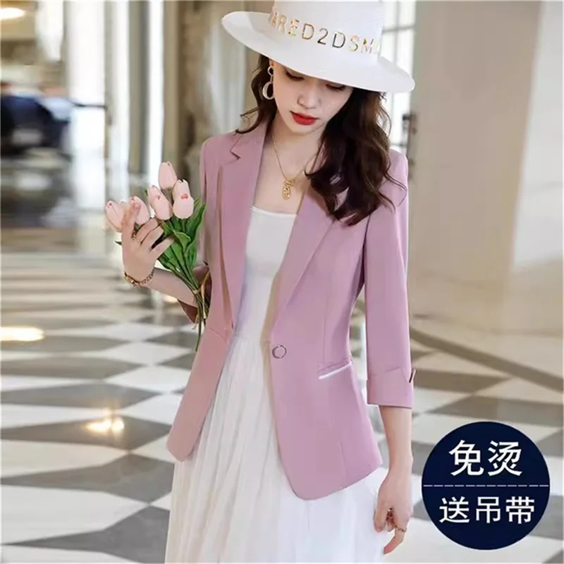 S-4XL Apricot Suit Jacket For Women's Summer Trench Coat Green 2024 New Short Cut Slim Fit Temperament Women's Thin Blazer Lady