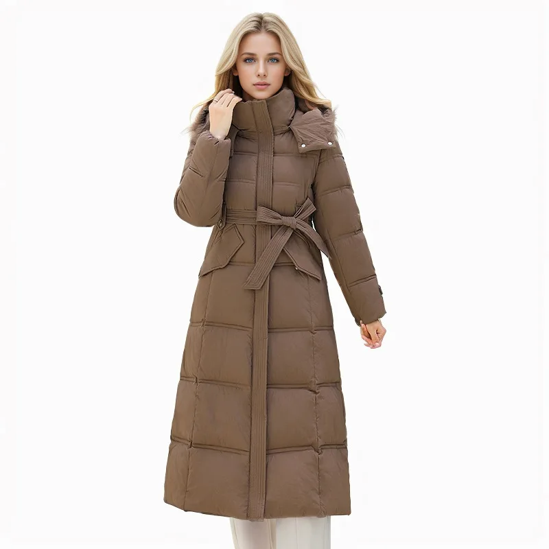 

2025 Winter Women's Long Cotton Jacket Female Long Belt Over-the-knee Parkas Coat Women Female High Collar Hooded Warm Outerwear