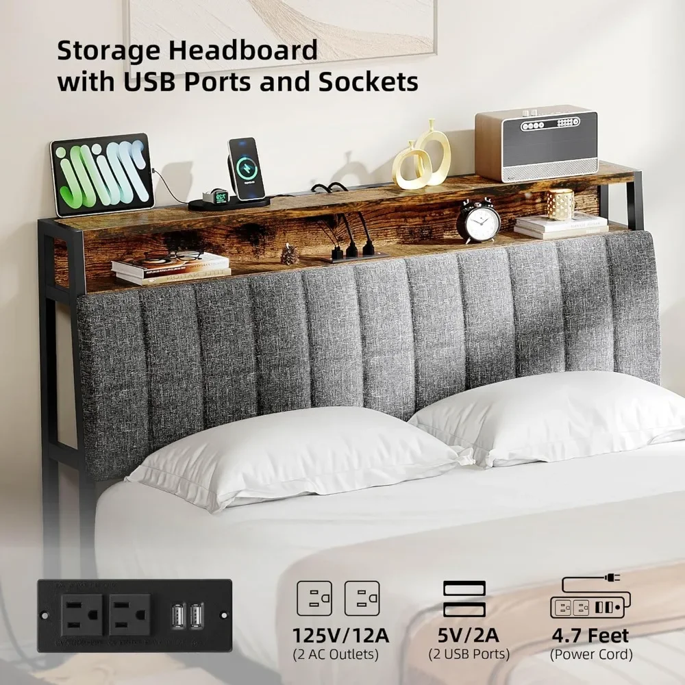 Full Size Bedframe, Gestoffeerd Platform Bedframe Met Laadstation/4 Laden, Opberghoofdeinde Metalen Frame Houten Latten