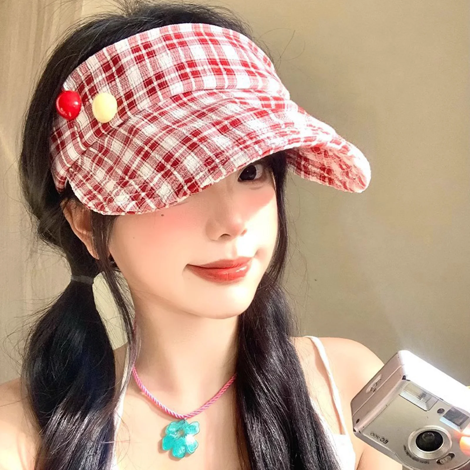 Red Plaid Women's Spring Outdoor Travel Sun Protection Hat Large Brim Beach Cap Breathable Comfortable Unisex Baseball Cap