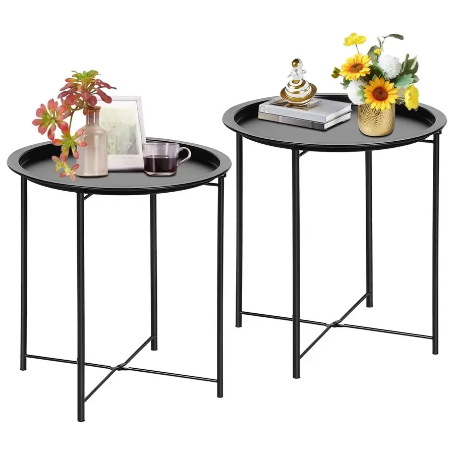

Side End Table, Folding Round Metal AntiRust and Waterproof Outdoor or Indoor Tray for Living Room Bedroom Balcony and Office, 2