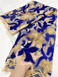 PGC-Tissu en dentelle de velours africain bleu pour mariage, broderie de charbon, nigwin français, haute qualité, 2024