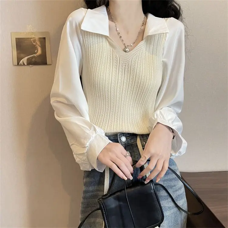 Design Sense Niche Splicing Polo Collar Lantern Sleeves Fake Two-piece Short Knitted Top Women\'s Long Sleeved Shirt