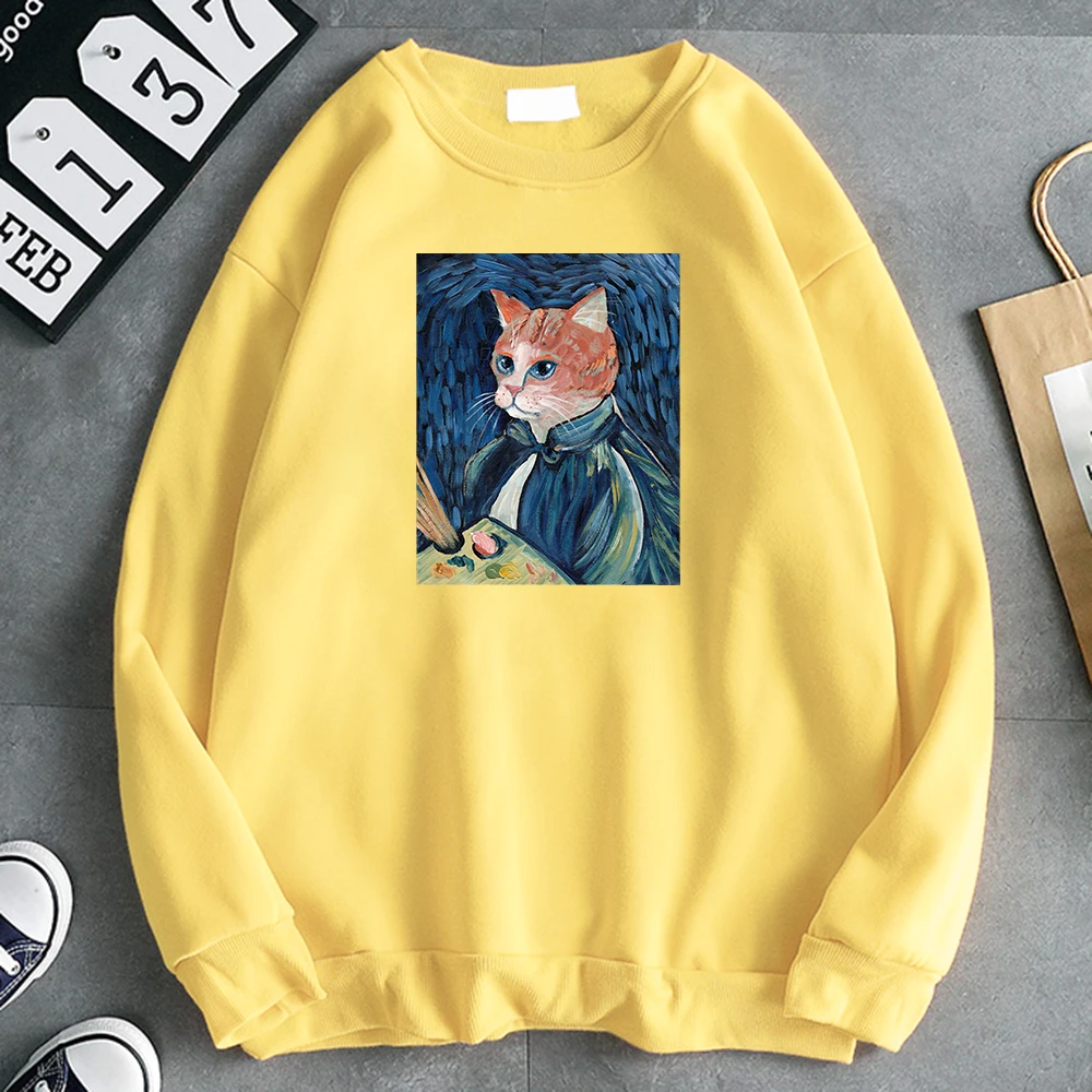 Van Gogh Cat Self-Portrait Hot Sale Print Men\'s Hoody Thick Winter Mens Hoodies Fleece Autumn Sweatshirt Oversized Soft Clothes