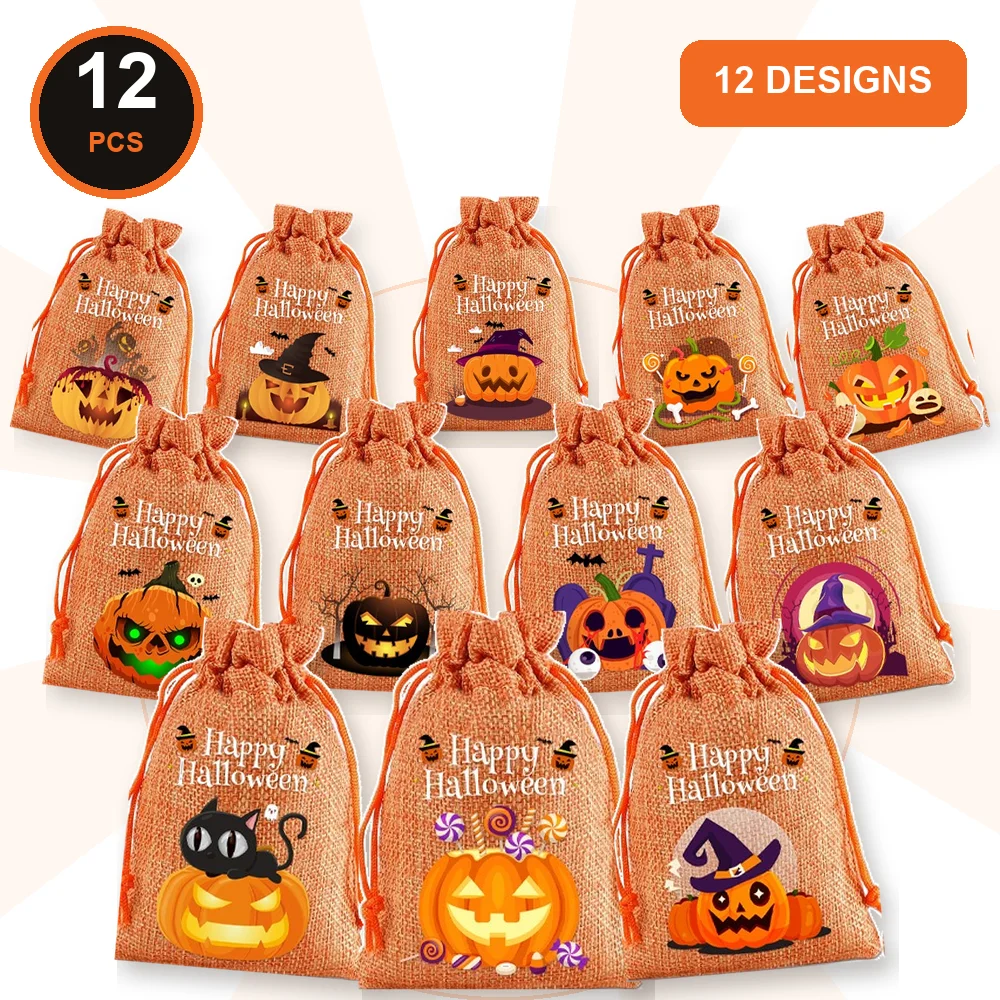 12PCS Halloween Candy Bags Mini Drawstring Trick or Treat Gift Pouches Party Favor Goodie Bags 12 Designs