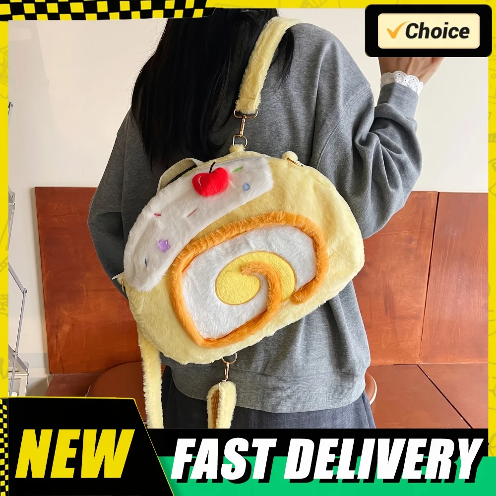Cute Cake Plush Backpack Roll Design Cherry Embroidery Large Capacity Adjustable Strap Bag