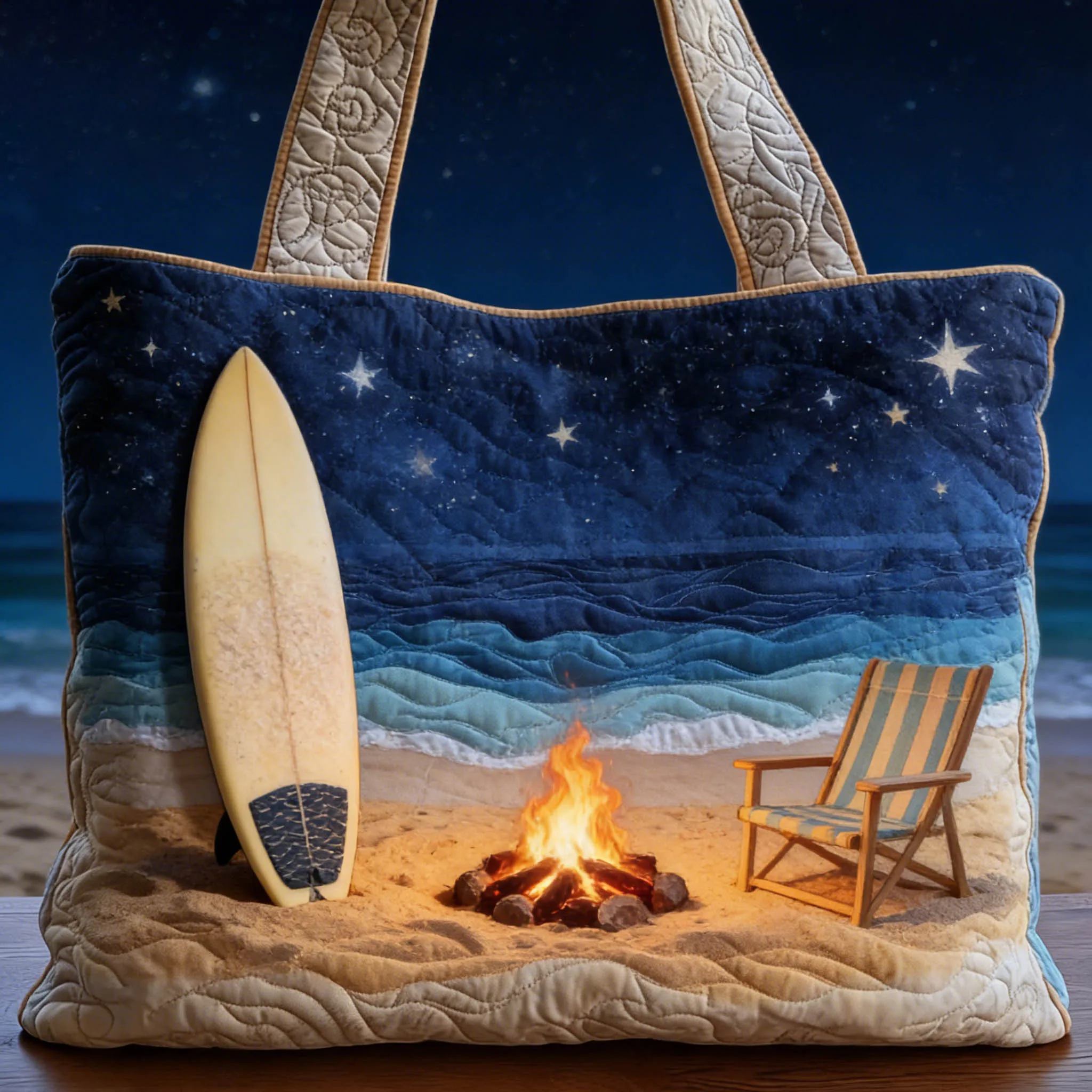 

Beach Bonfire Surfboard Starry Sky Print Quilted Tote Bag Summer Camping Style Shoulder Bag for Holiday Travel Beach Daily Use