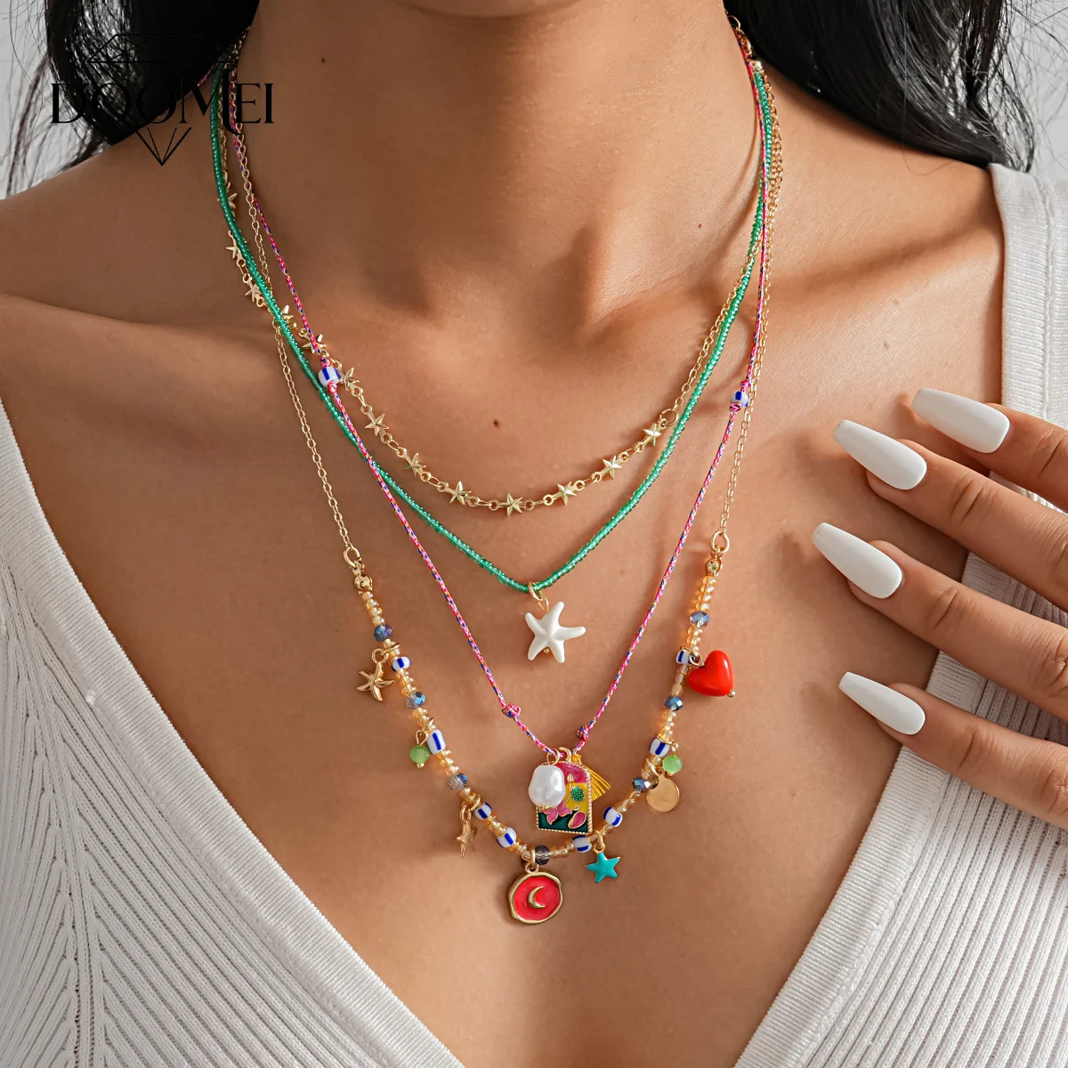 DOO MEI 4 Pcs/set Colorful Glass Beaded Chokers Necklaces Dripping Oil Heart Flower Moon Star Pendant Necklace Bohemian Jewelry