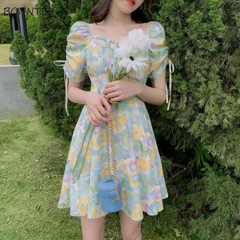 

Puff Sleeve Dress Women Summer Bandage Print Tender Sweet French Style Square Collar A-line Vacation Stylish Girlish Vestidos