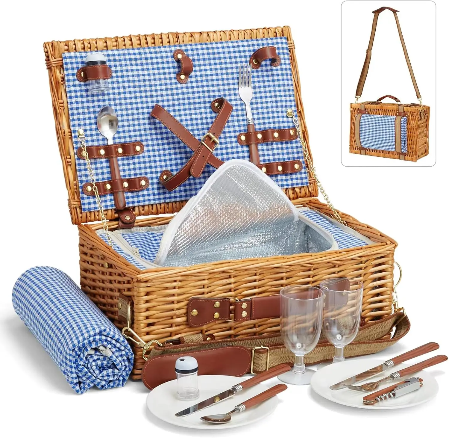 

Wicker picnic basket set with cooler compartment and waterproof picnic blanket, removable straps,suitable for camping and hiking