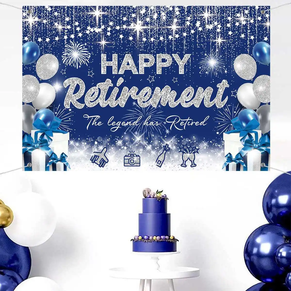 Retirement Theme Black Bule Rose Gold Backdrops Happy Retirement Party Decorations Adults Photography Background Photo Studio