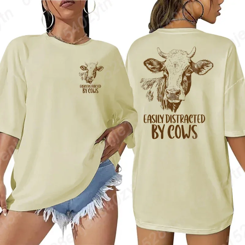 Easily Distracted By Cows T-shirts, Women's Funny Casual Short Sleeve Oversized T-shirts, Cowgirl Tees, Humorous Saying Shirt