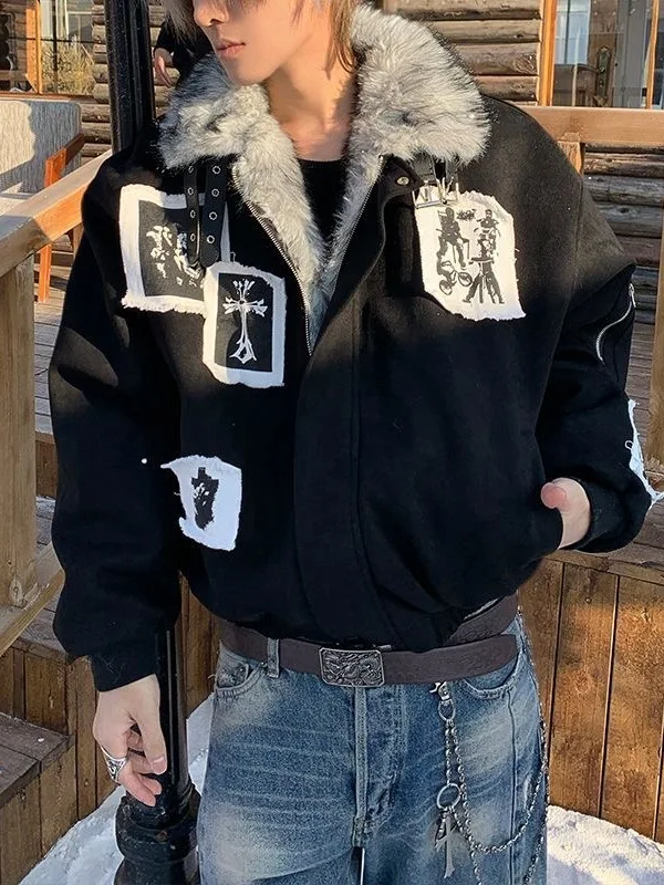 

Мужская теплая куртка свободного кроя из утолщенного хлопка с меховым воротником и дизайном «Горный орел», длинный пальто-свитер из полиэстера и ткани «Окс»