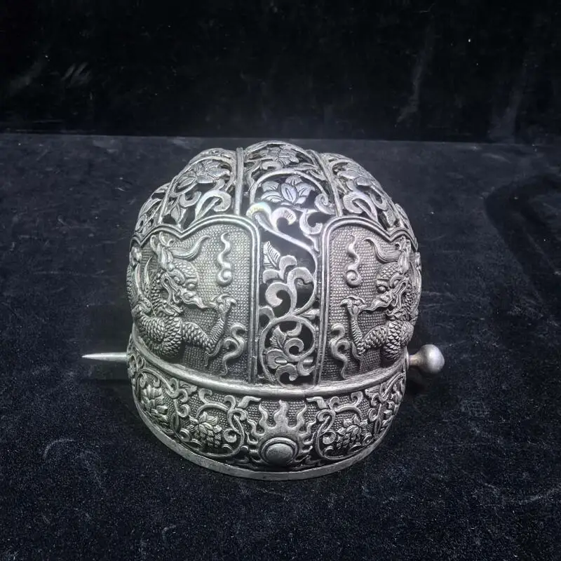 

Traditional Chinese Antique Collectible Bronze Hollow Silver-Plated Floral Dragon Relief Crown Cap Ornament exquisite handicraft