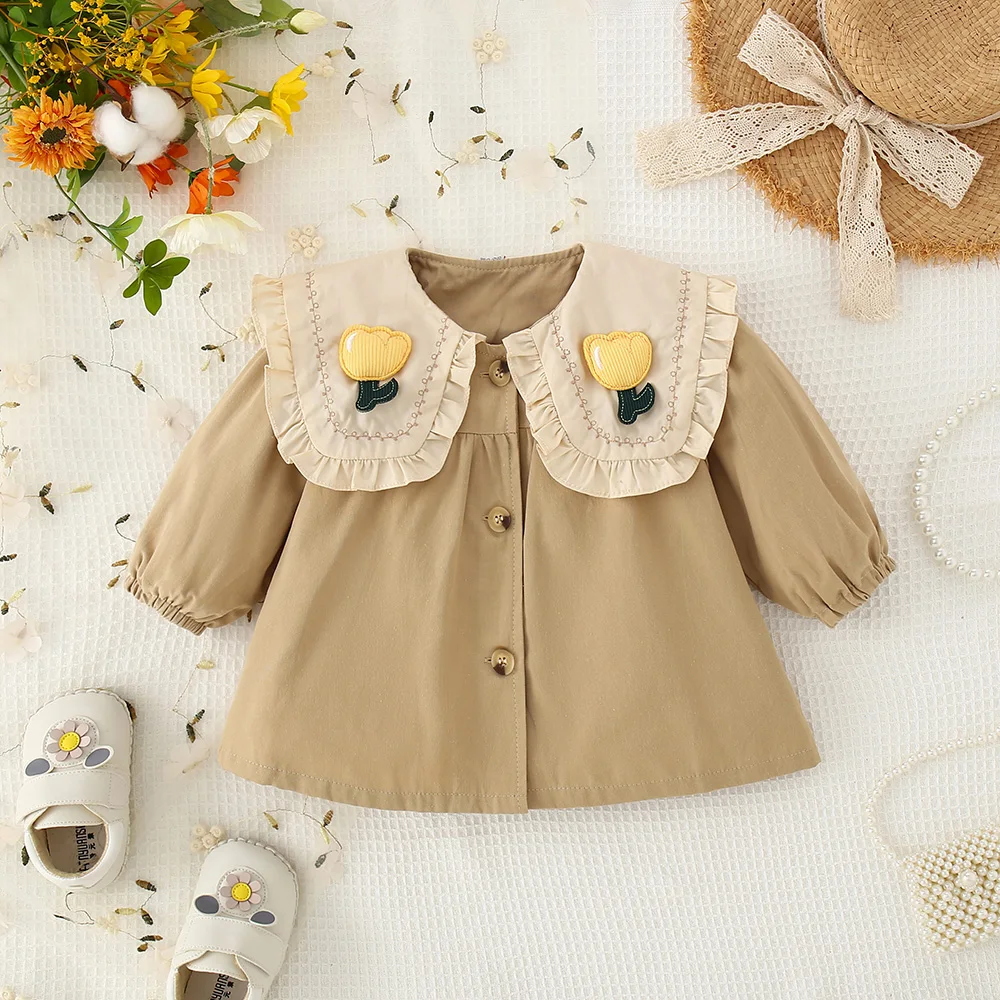 2023 Autumn Baby Jacket New Baby Girl Flowers Doll Neck Windbreaker Coat Korean Solid Cardigan Windbreaker