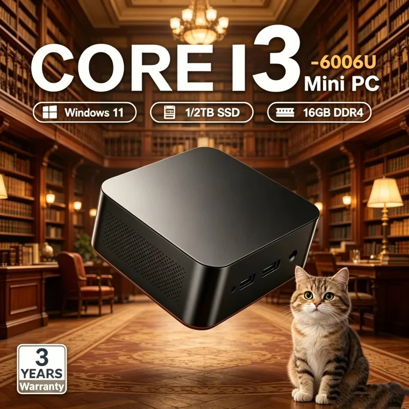 2026년형 견고하고 소형인 미니 PC 윈도우 11 프로 코어 i3 6006U 램 1TB SSD WIFI 6 BT5.2 4K HD 세련되고 부담 없는 게이밍