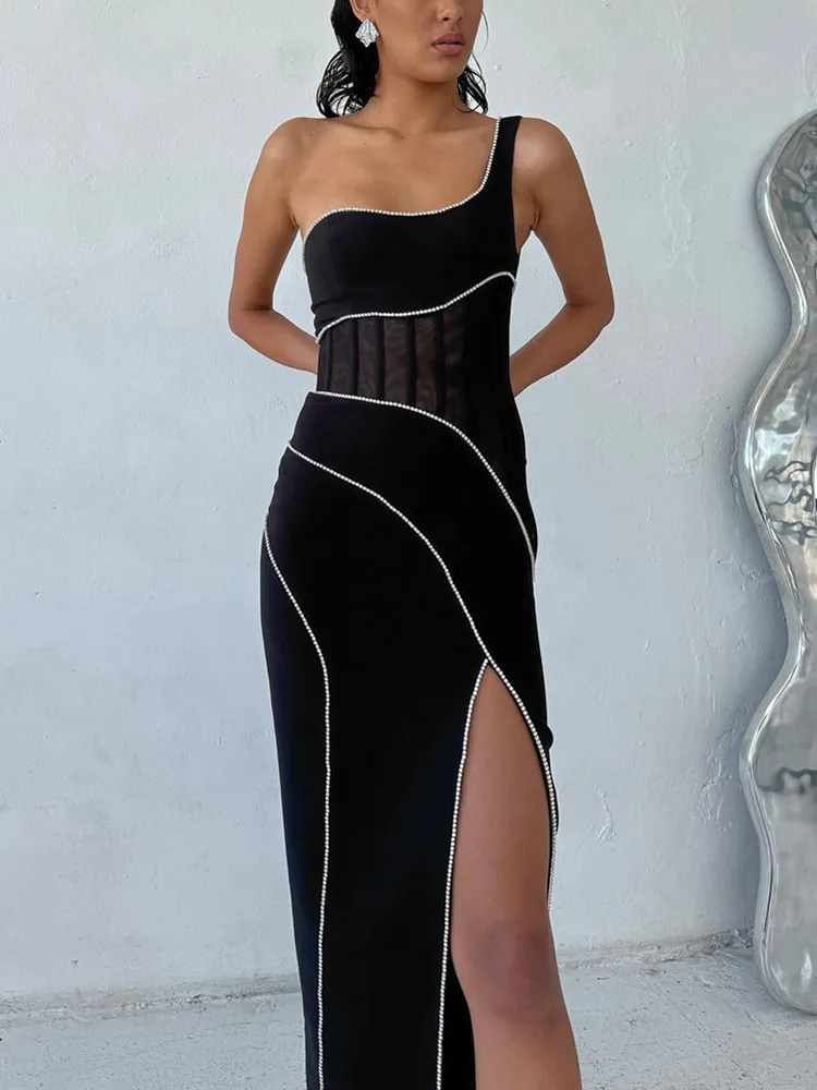 

Women Celebrity Sexy One Shoulder Diamonds Sparkly Black Maxi Long Bodycon Bandage Dress 2024 Elegant Evening Club Party Outfit