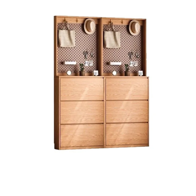 Solid wood oak shoe cabinet tipping bucket door, household interior wall, entrance door integrated against the wall for storage