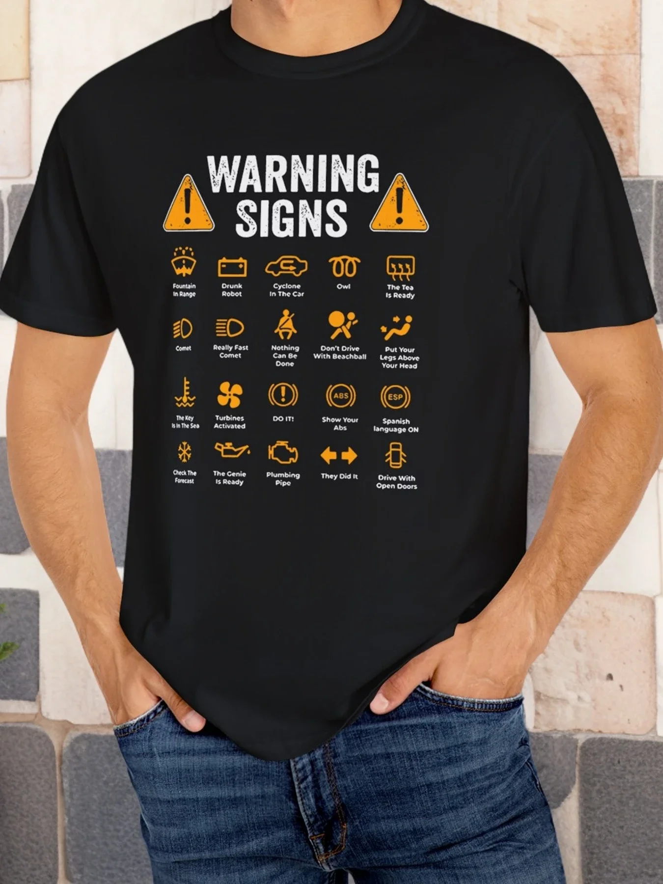 

Mens Graphic Crew Neck T shirt Vibrant Creative Warning Signs Print Versatile Short Sleeve Tee for Summer Wear Breathable
