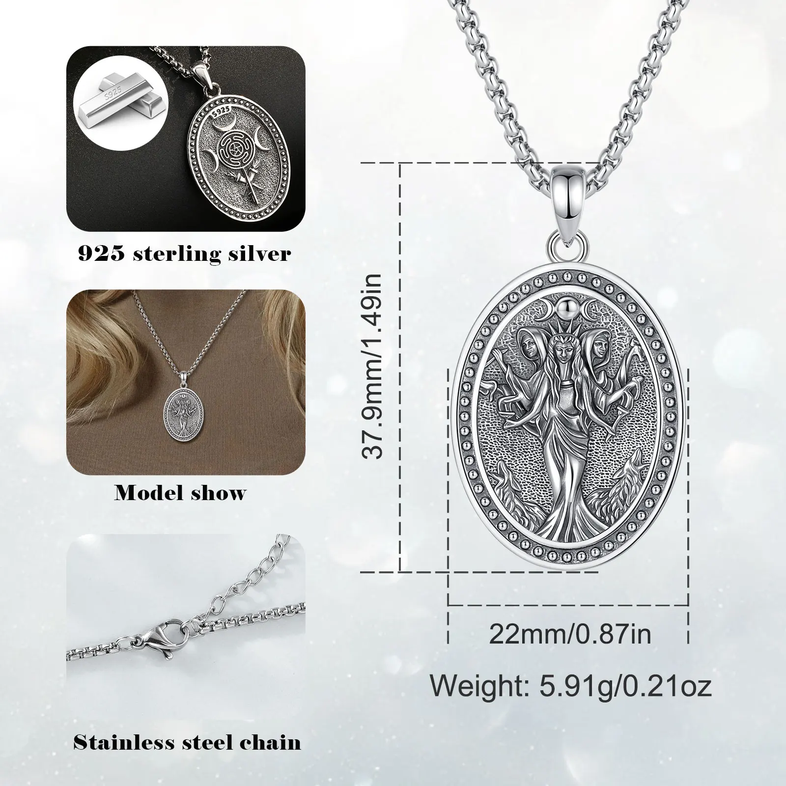 AEONSLOVE 925 Sterling Silver Hecate Necklace Triple Moon Goddess Amulet Pendant Pagan Wiccan Jewelry Witch Gift for Women Men